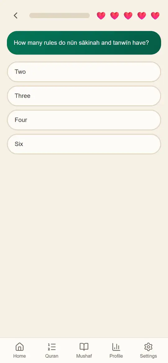 A tajweed drill: a question on a rule is answered, marked correct, and XP is added.